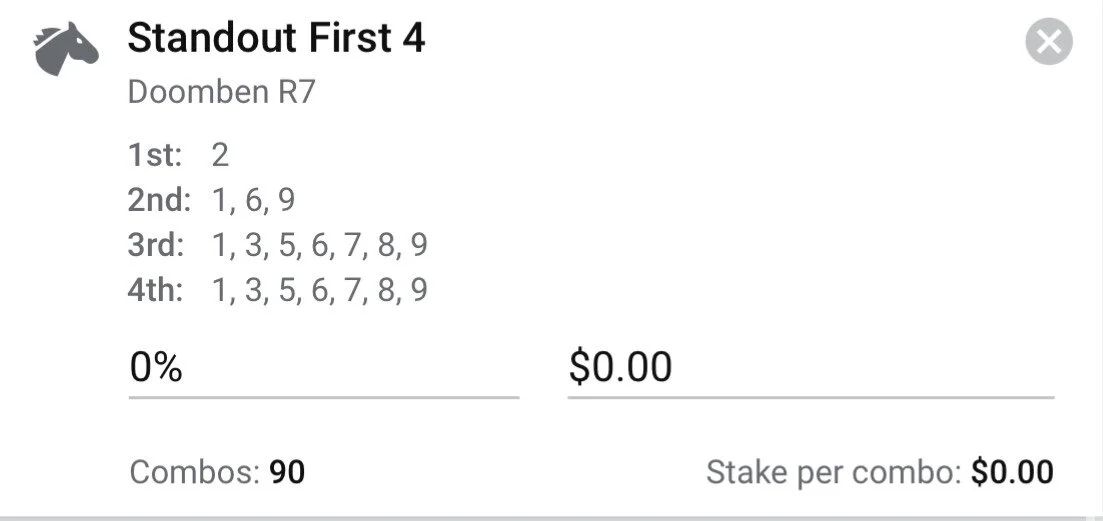 Doomben Race 7 - First 4, Total Stake 1.5 Units.