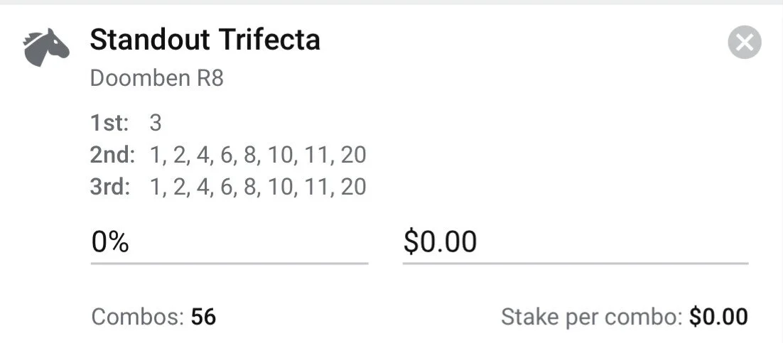 Doomben Race 8 - Trifecta, Total Stake 1 unit.