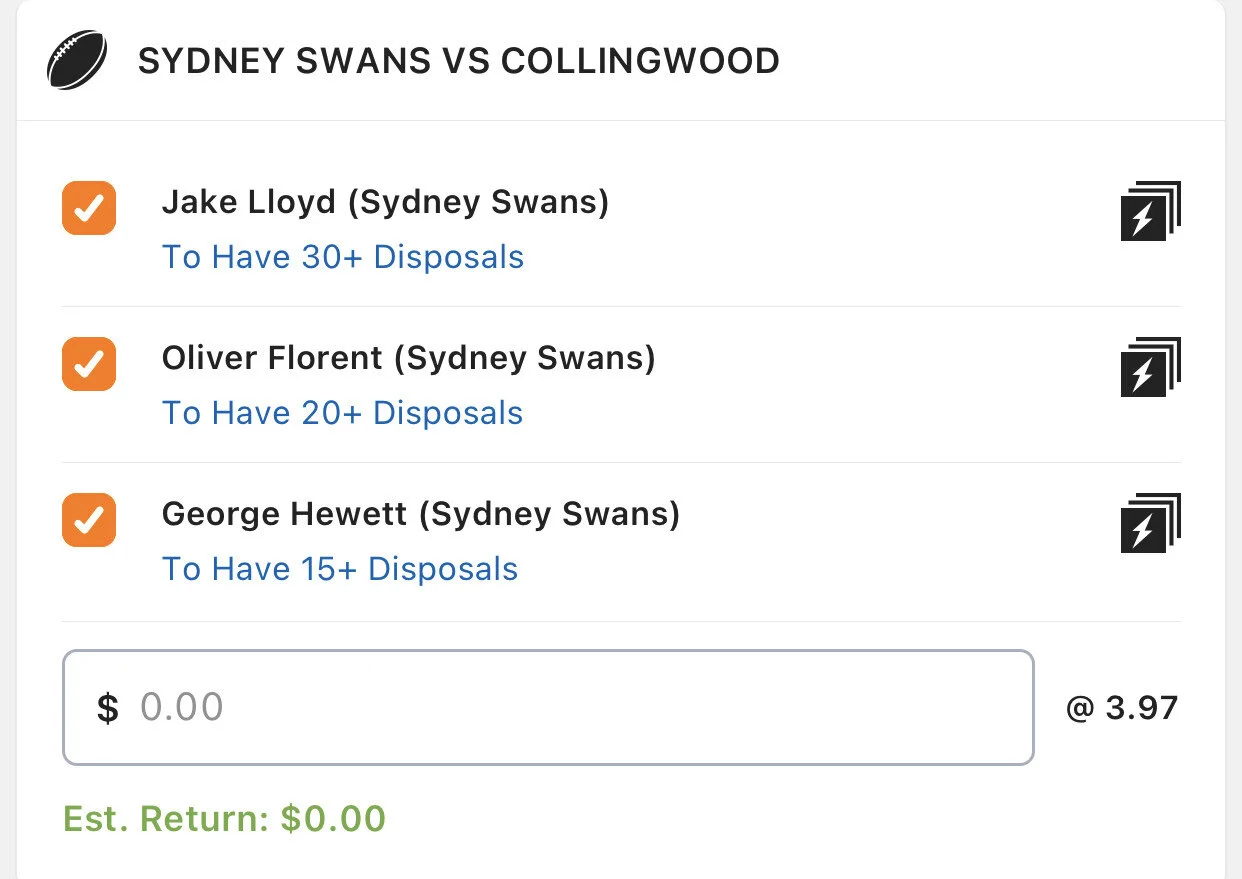 Swans SGM - Stake 2 Units, Minimum Odds 3.45, Lads/Neds.