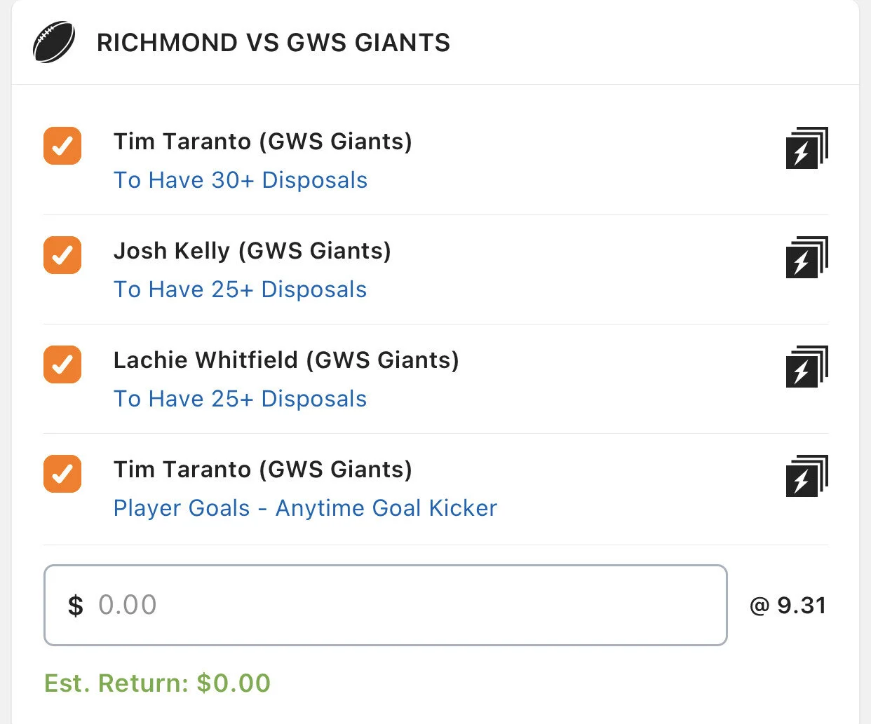 Giants SGM - Stake 1 Unit, Minimum Odds 7.5, Lads/Neds.