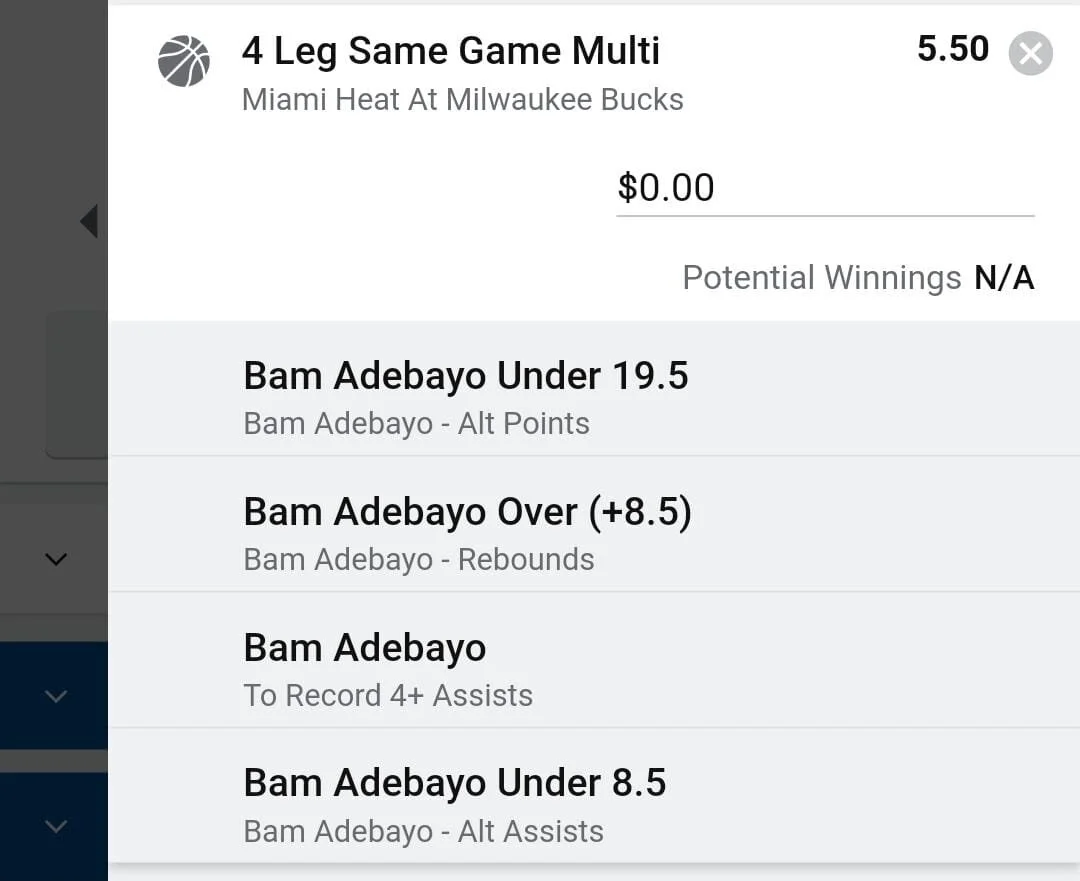 Bam Adebayo 2 units. Take odds over $4.5. Bam averages 18.9ppg 9.0rpg 5.4apg. He’s hit this line 18 times this season and 2 times in his past 5 regular season vs the Bucks.