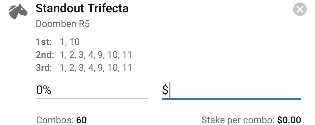 Race 5 - Standout Trifecta, Stake 2 Units, Bookmaker Any.