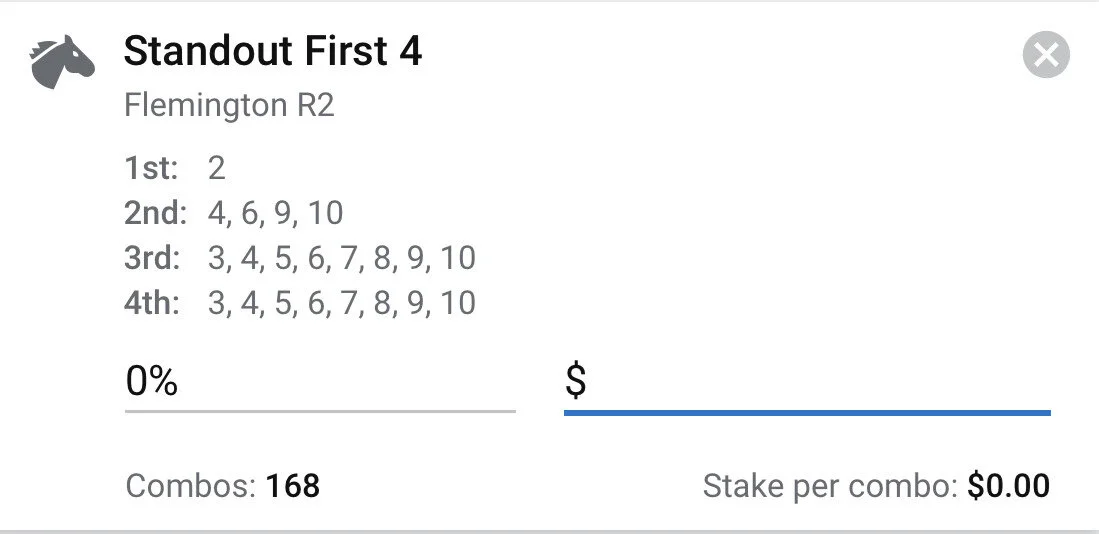 Race 2 - First 4, Stake 2 Units, Bookmaker Any.