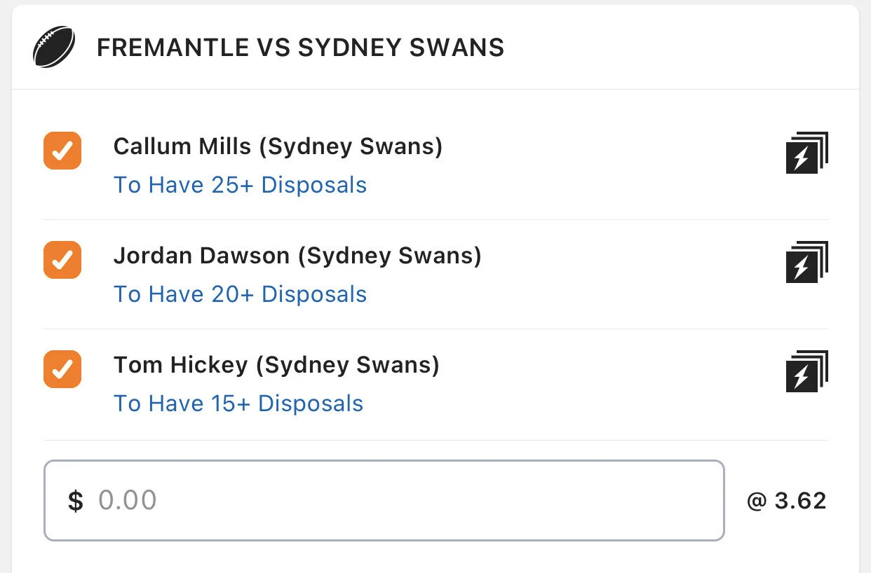 Swans SGM - Stake 2 Units, Minimum Odds 3.1, Lads/Neds