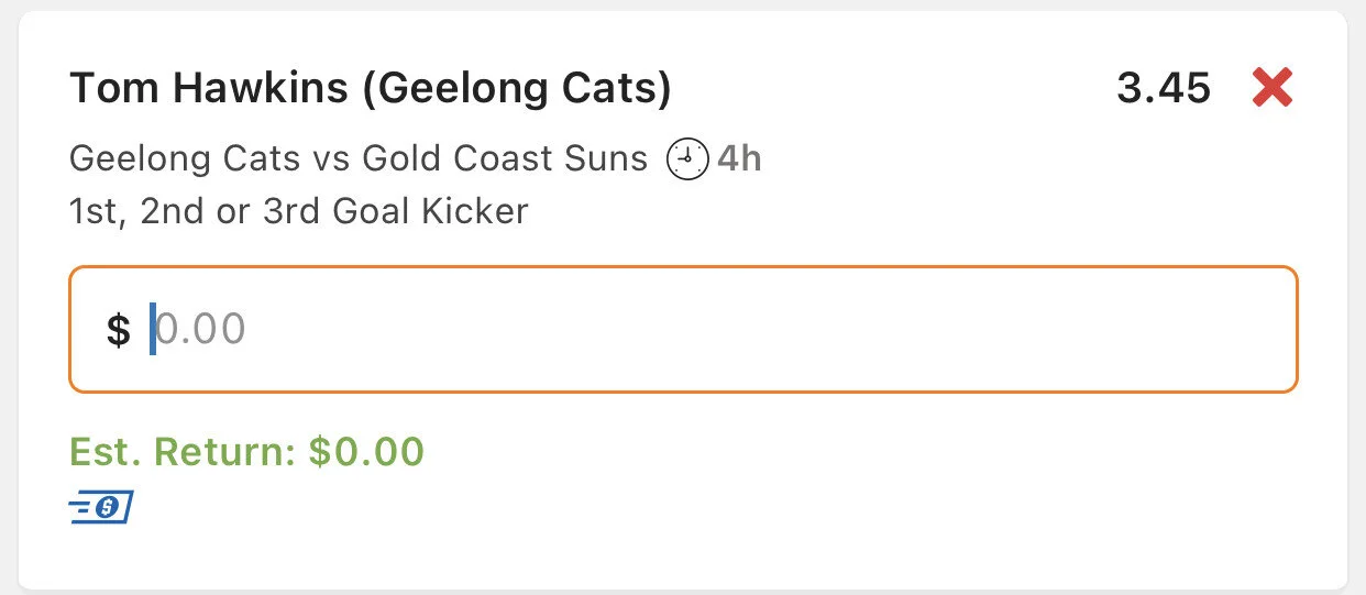 Hawkins 1st, 2nd or 3rd Goal Kicker, Stake 2 Units, Minimum Odds 3.1, Lads/Neds