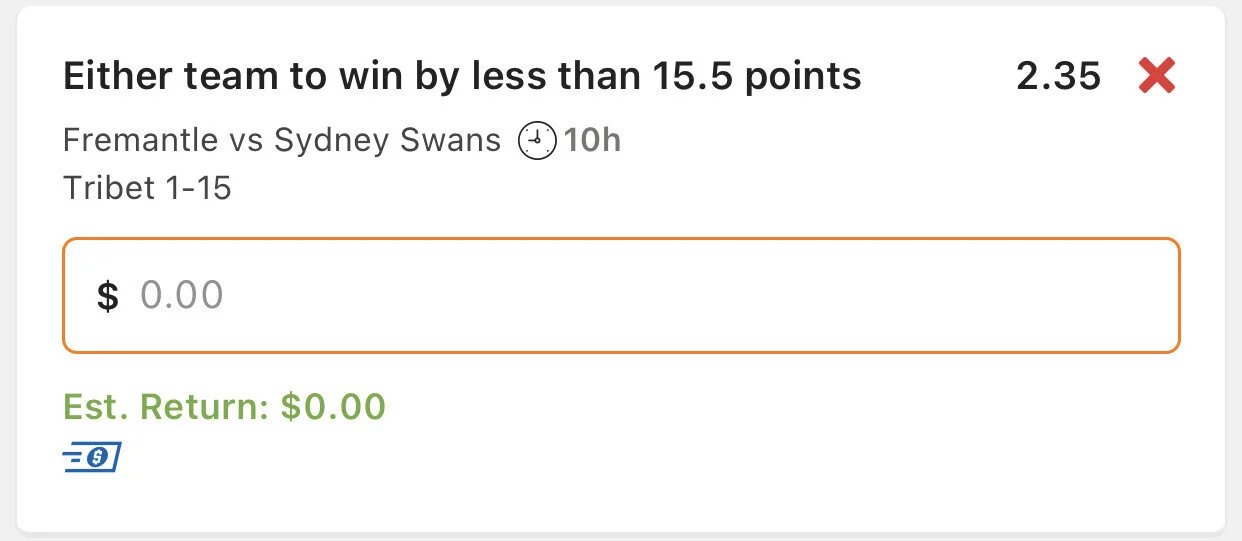 Freo or Swans by less than 15.5 Points, Stake 2 Units, Minimum Odds 2.2, Lads/Neds