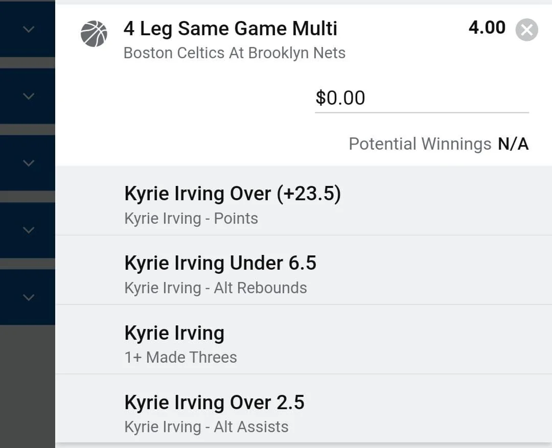 Kyrie averages 26.9ppg 4.8rpg 6.0apg. He's hit this line 31 out of 54 games this season. I think this is a value play considering the above. Factor in he's playing his former team, reckon he lights up the Sage then lights the Celtics. Go Kyrie.Kyrie 3 units. Take odds over $2.5.