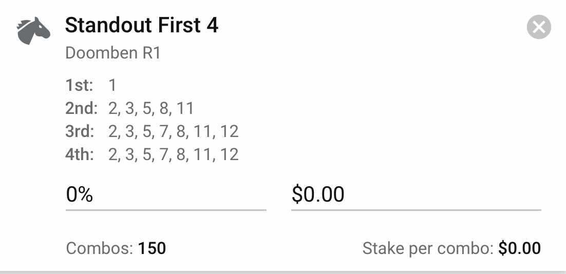 Our standout selection Jakkalberry Finn flew home late to miss at a soft track at Sunny Coast in a somewhat stronger field than this and should anchor this first four well. As usual, we have a mix of shorter and longer odds for the other legs, and there should be some value at the back end of this first 4 to start our day.Standout First 4, Total Stake 1.5 Units.