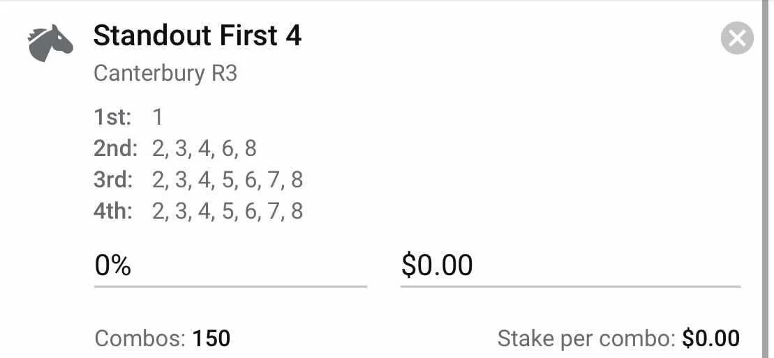 Standout First 4, Total Stake 1.5 Units