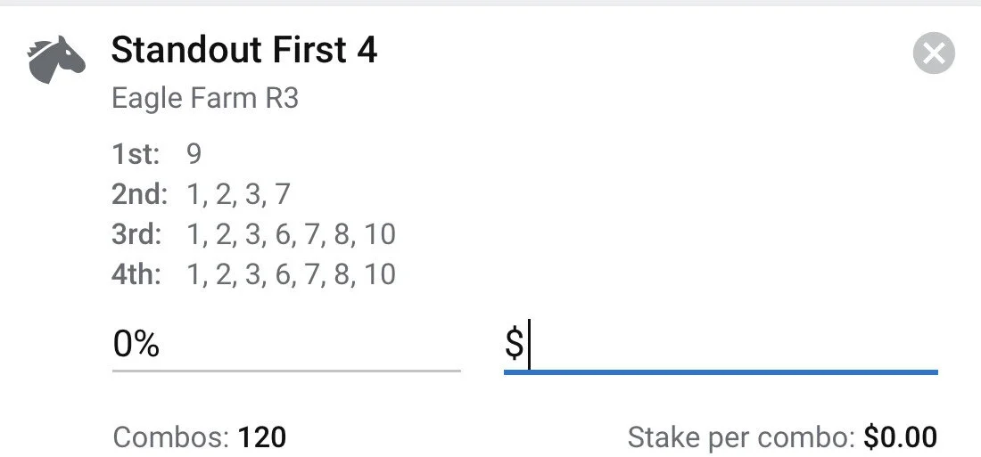 Race 3 - Standout First 4, Stake 1 Unit, Bookmaker ANY