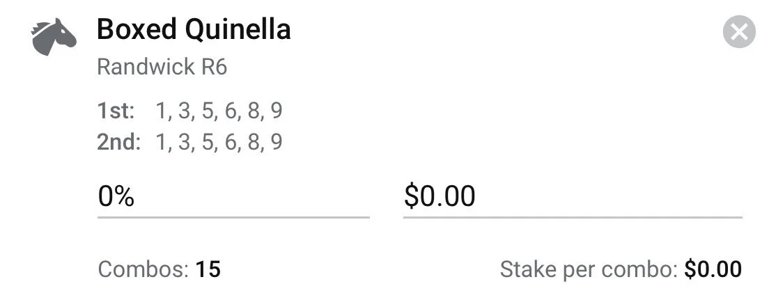 Randwick Race 6 - Boxed Quinella, Stake 1.5 Units, Bookmaker ANY