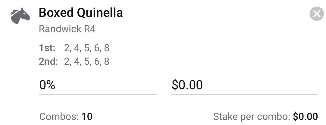 Randwick Race 4 - Boxed Quinella, Stake 1 Unit, Bookmaker ANY