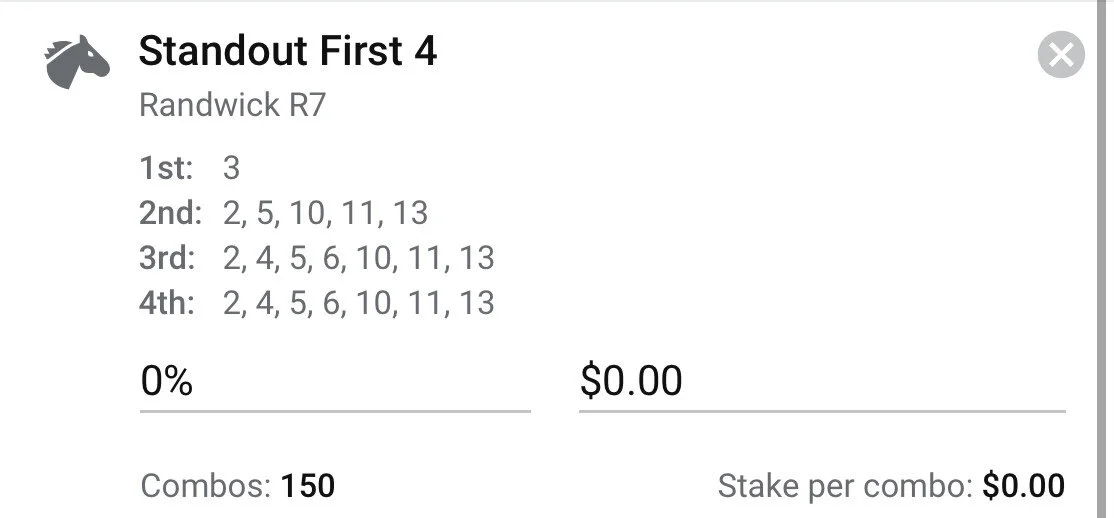 Randwick Race 7 - Standout First 4, Stake 1.5 Units, Bookmaker ANY