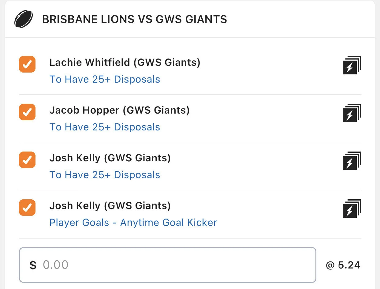 GWS SGM - Stake 1 Unit, Minimum Odds 4.70, Lads/Neds