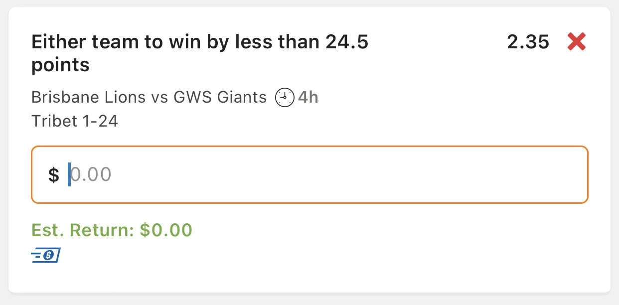 Lions or GWS by 24 points or less, Stake 2 Units, Minimum Odds 2.20, Lads/Neds