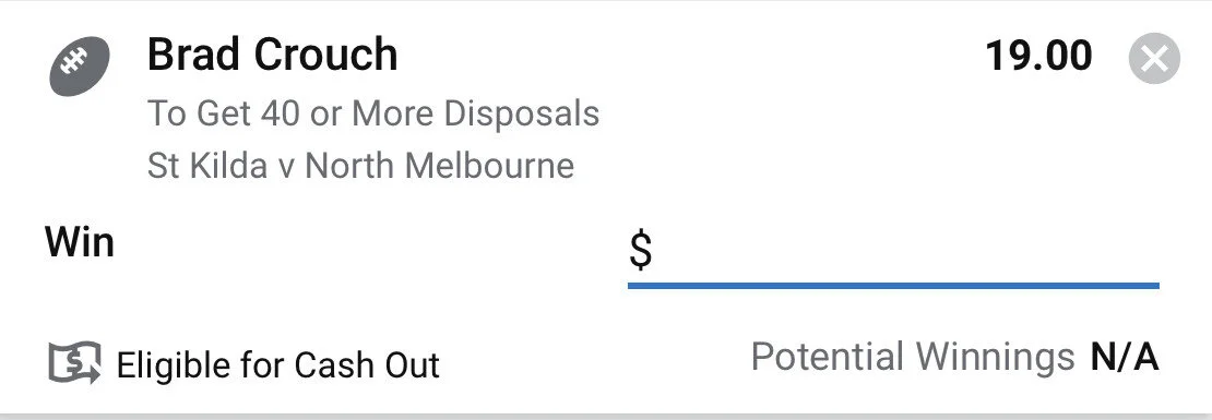 Crouch 40+ Disposals, Stake 0.5 Units, Minimum Odds 15, Sportsbet