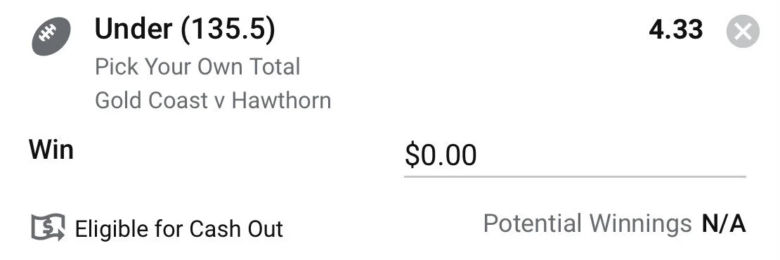 PYOT - Under 135.5 Points, Stake 1 Unit, Minimum Odds 4, Sportsbet