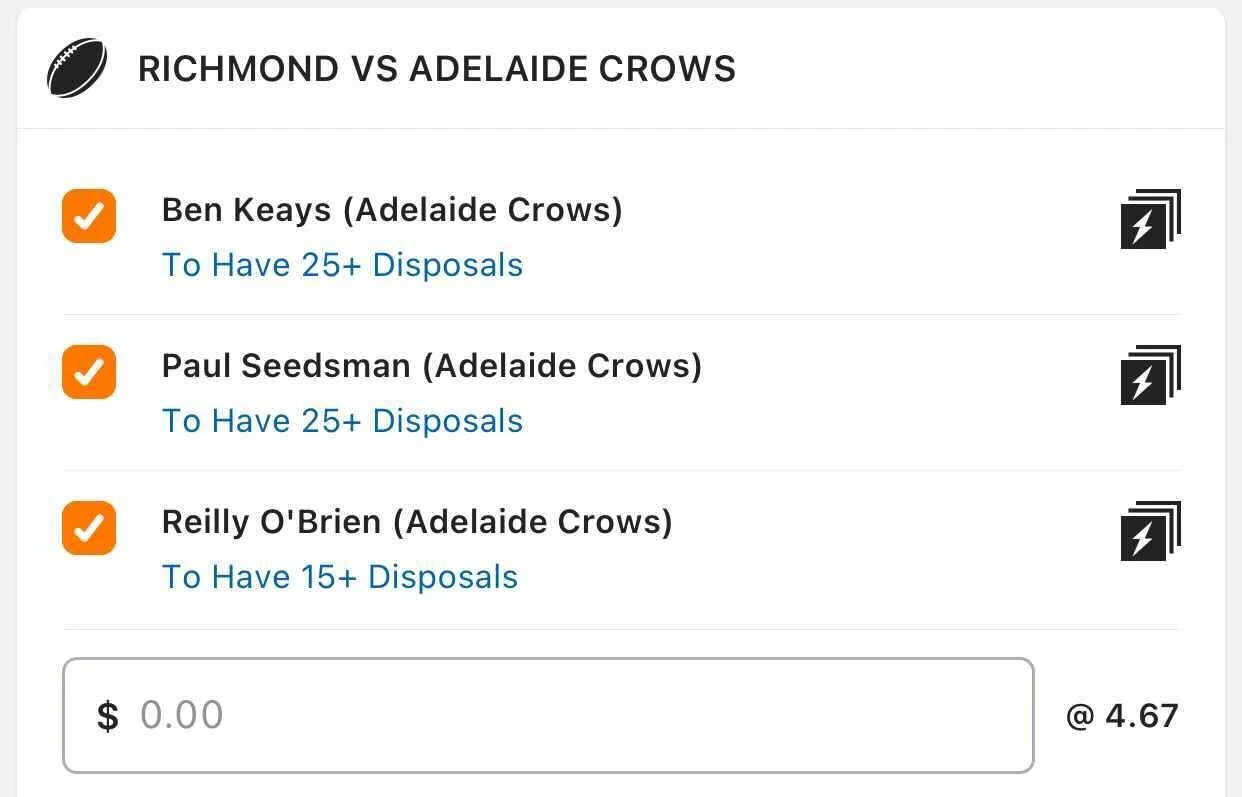 Crows SGM, Stake 1.5 Units, Min Odds $4.00, Best Book Lads/Neds.