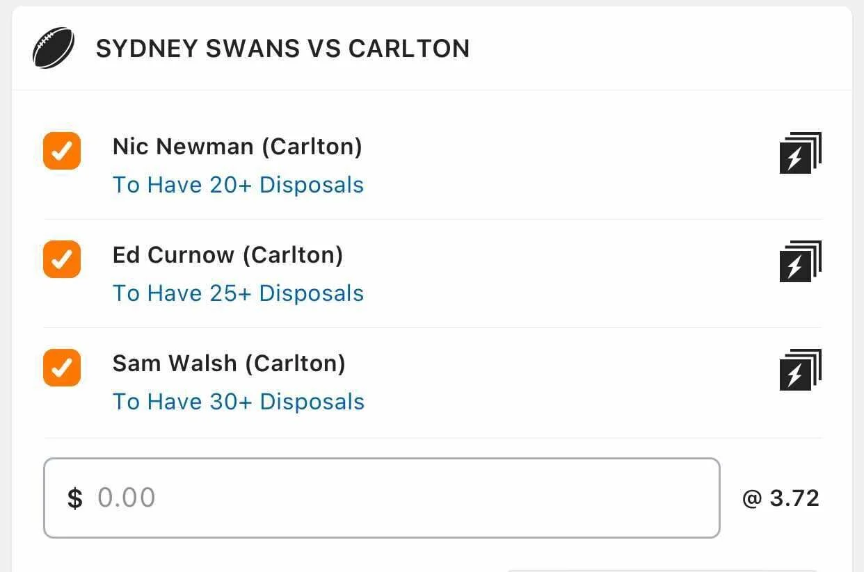 Carlton SGM, Stake 2 Units, Min Odds $3.30, Best Book Lads/Neds.