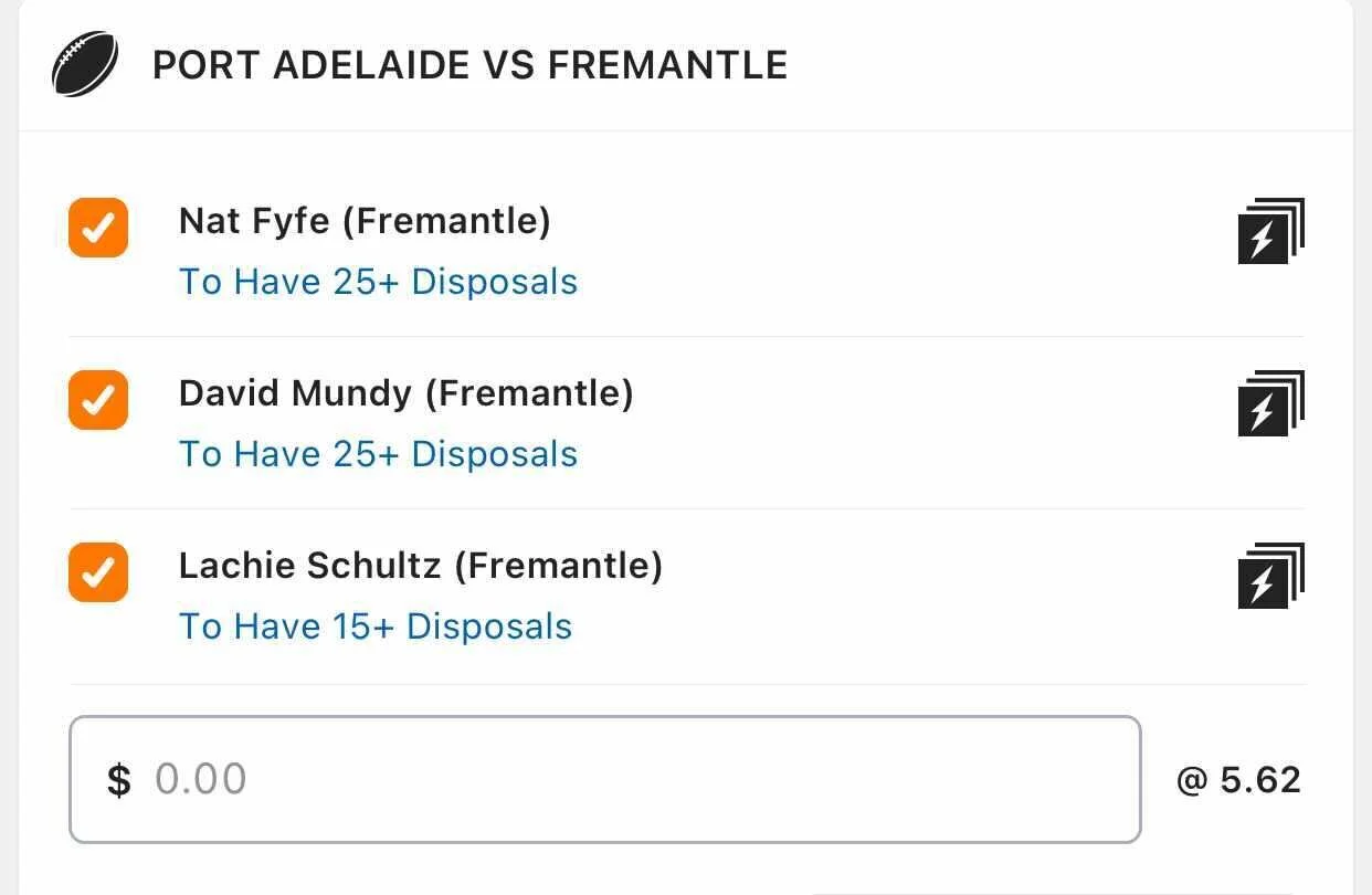 Free SGM,  Stake 1.5 Units, Min Odds $5.00, Best Book Lads/Neds.