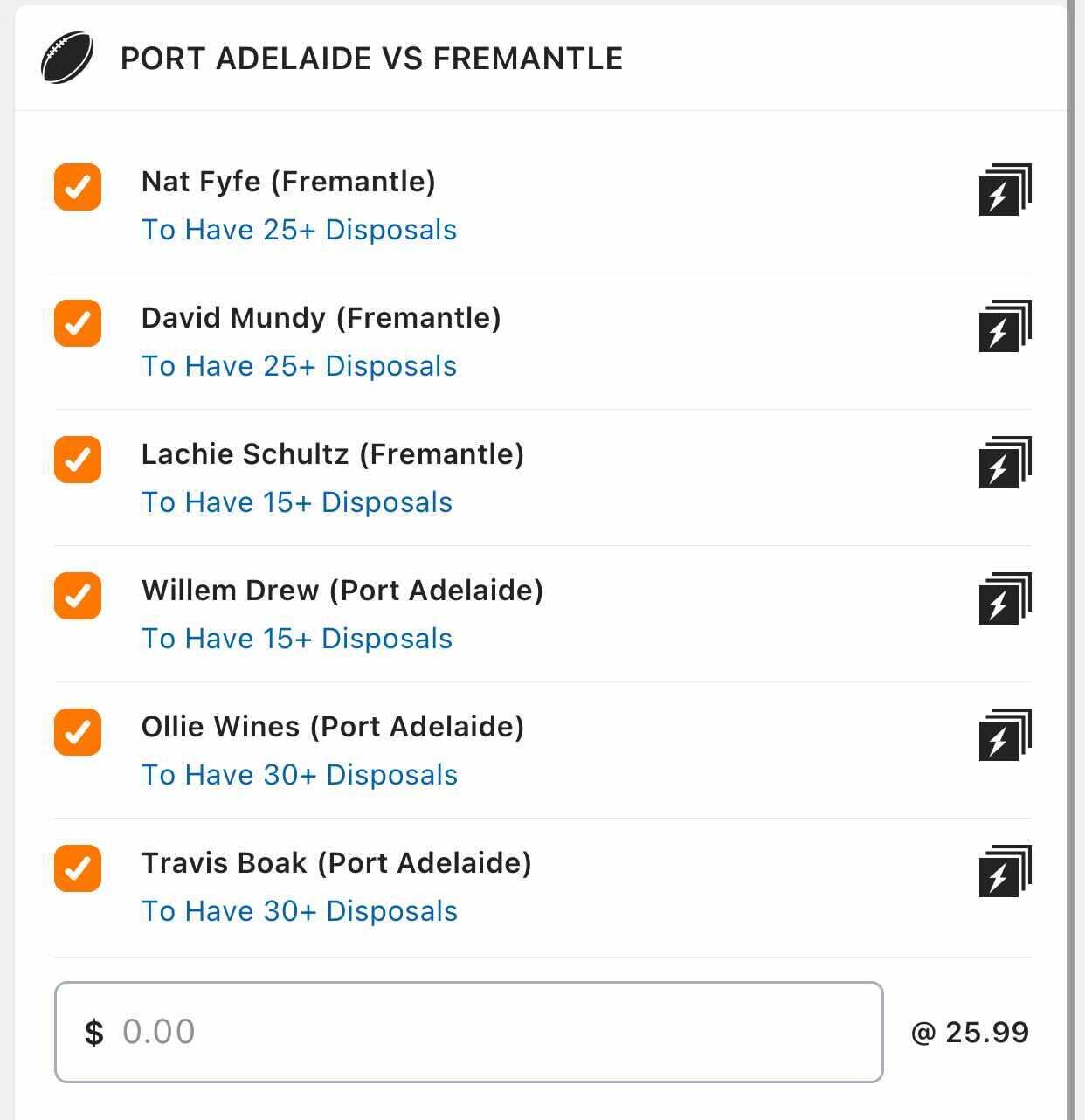 Free x Port SGM, Stake 0.5 Units, Min Odds $20, Best Book Lads/Neds.