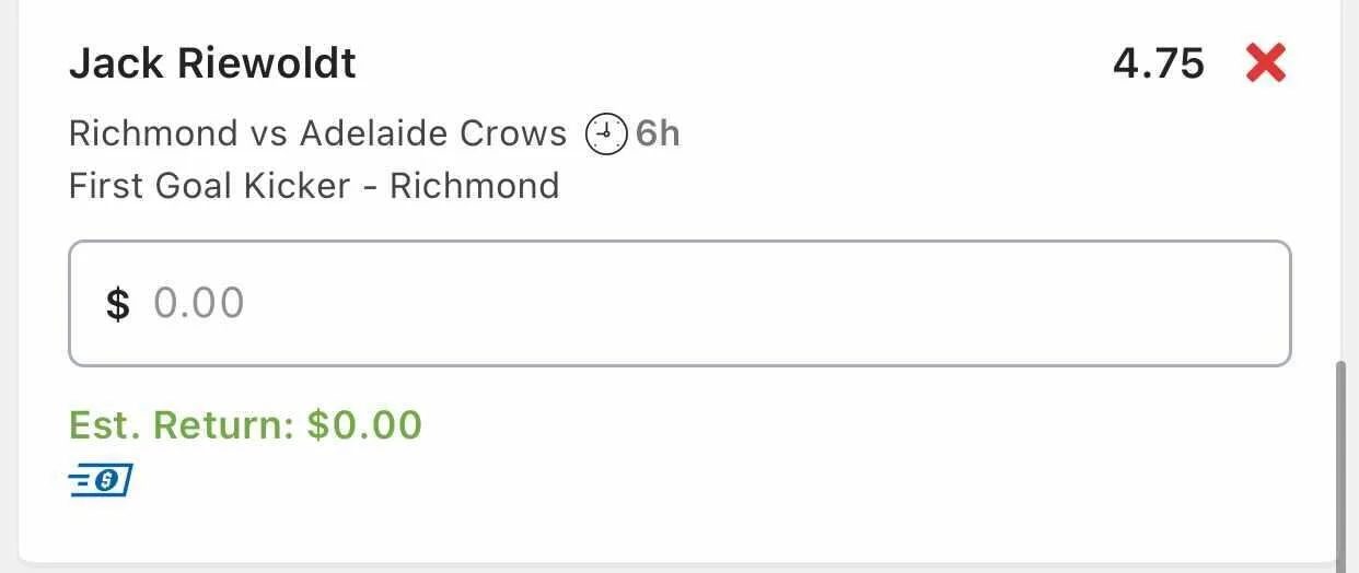 Riewoldt First Goal Scorer, Stake 1.5 Units, Min Odds $4.5, Best Book Lads/Neds.