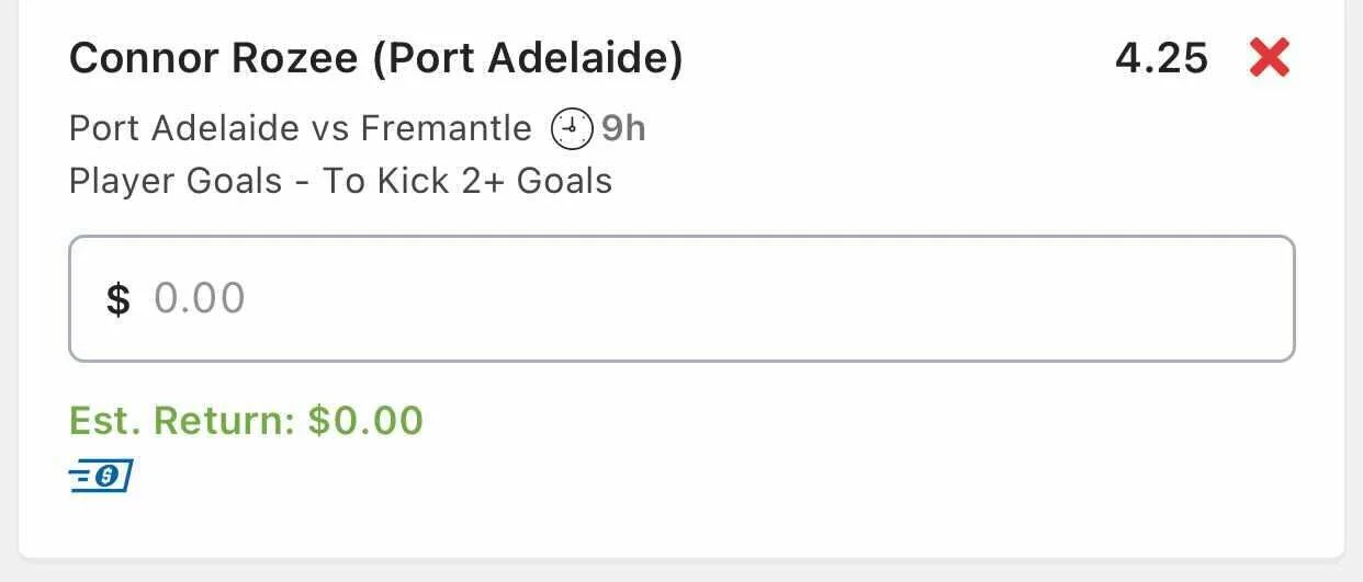 Rozee to Kick 2 or more Goals, Stake 1.5 Units, Min Odds $3.90, Best Book Lads/Neds.