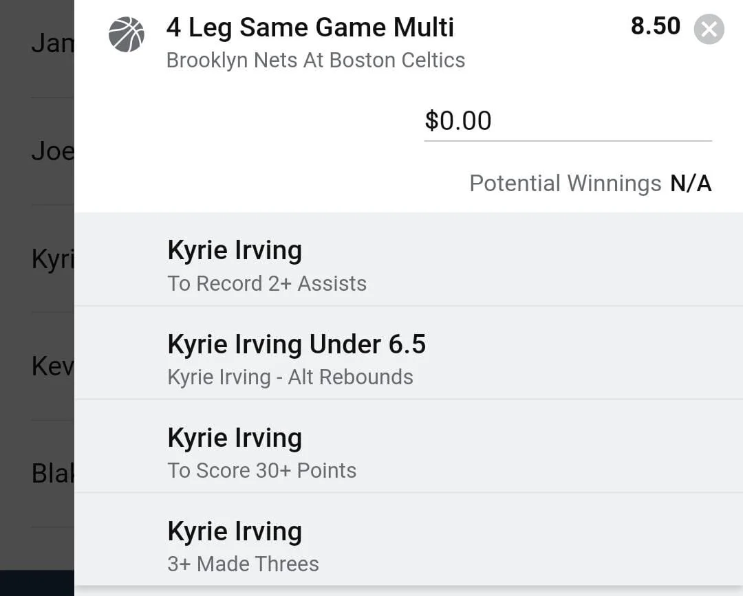 Kyrie 1.5 units. Take odds over $6