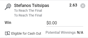 Tsitipas to reach the final - Stake 2 Units, Minimum Odds 2.3, Best Book - Sportsbet
