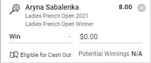 Sabalenka To Win - Stake 1 Unit, Minimum Odds 7.0, Best Book - Sportsbet