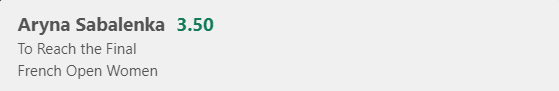 Sabalenka to reach the final - Stake 1.5 Units, Minimum Odds 3.0, Best Book - BET365