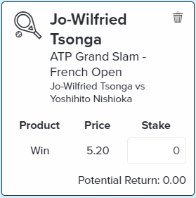 Tsonga Win - Stake 1 Unit, Minimum Odds 4.6, Best Book Topsport