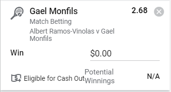 Monfils Win, Stake 2 Units, Minimum Odds 2.4, Best Book - Sportsbet