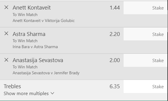 Ladies Tennis Multi - Stake 1 Unit, Minimum Odds 5.5, Best Book - BET365