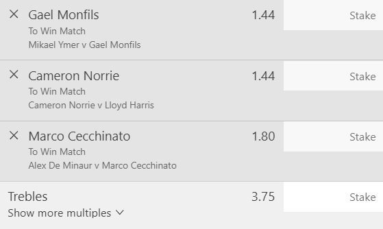 Men’s Tennis Multi-Stake 2 Units, Minimum Odds 3.3, Best Book - BET365