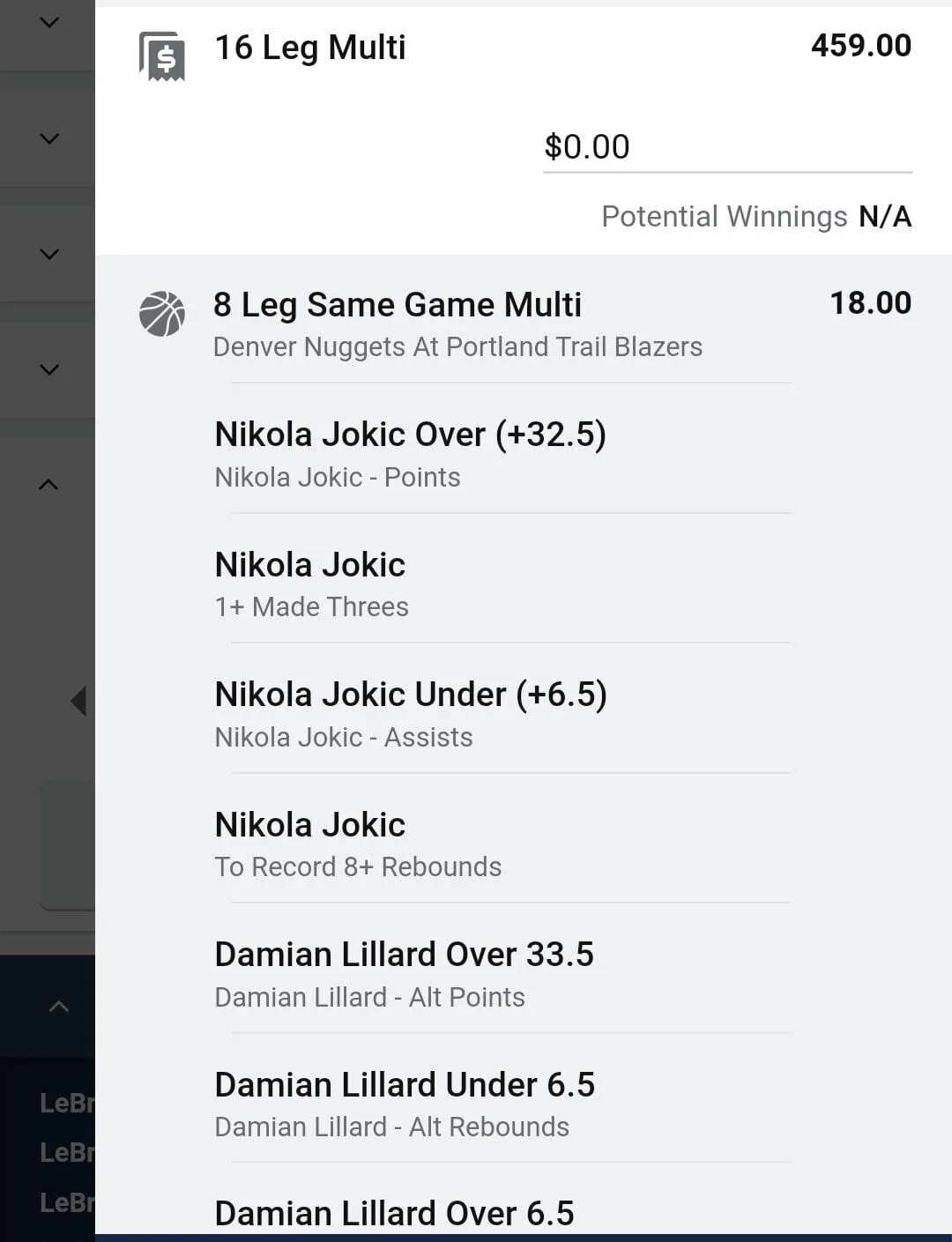 Mega Multi. Jokic x Lillard x LeBron x Booker combination multi 0.5 units. Take odds over $300