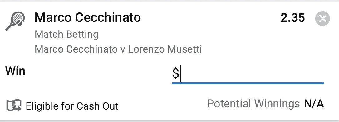 Cecchinato Win - Stake 2 Units, Minimum Odds 2.10, Best Book - Sportsbet