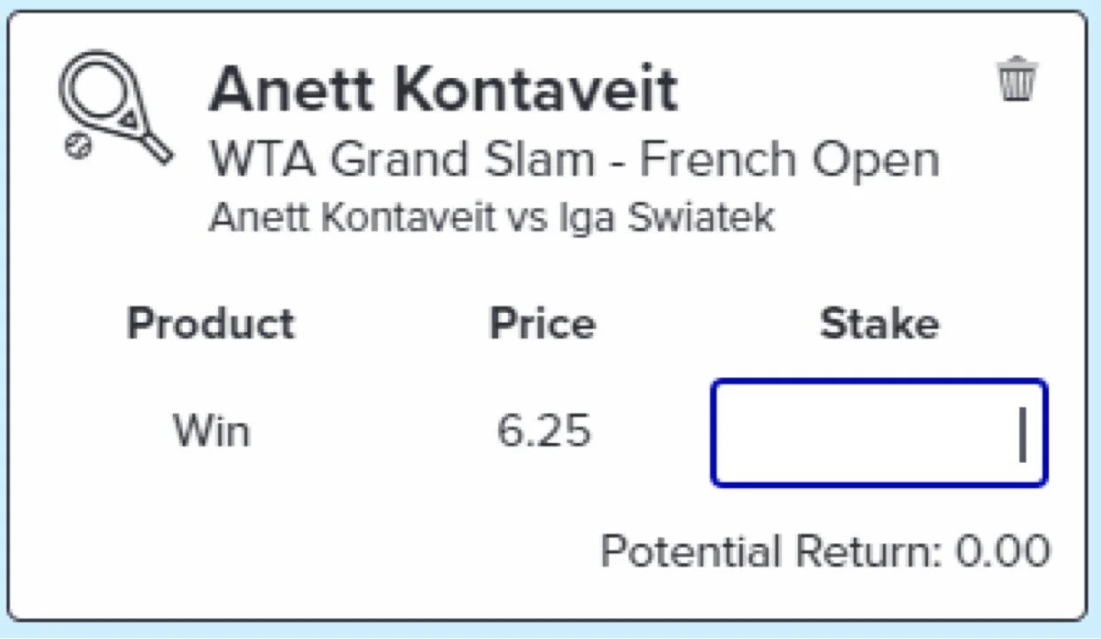 Kontaveit Win - Stake 1 Unit, Minimum Odds 5.5, Best Book - Topsport
