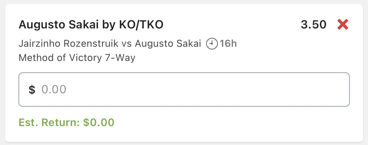 Sakai by KO/TKO - Stake 1 Unit, Minimum Odds 3.10, Best Book - Sportsbet