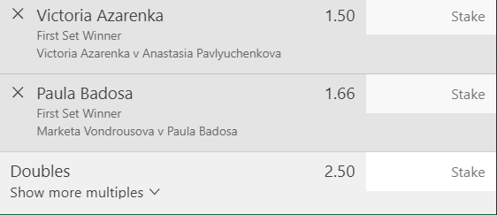 Women’s Tennis Multi - Stake 2.5 Units, Minimum Odds 2.3, Best Book - BET365
