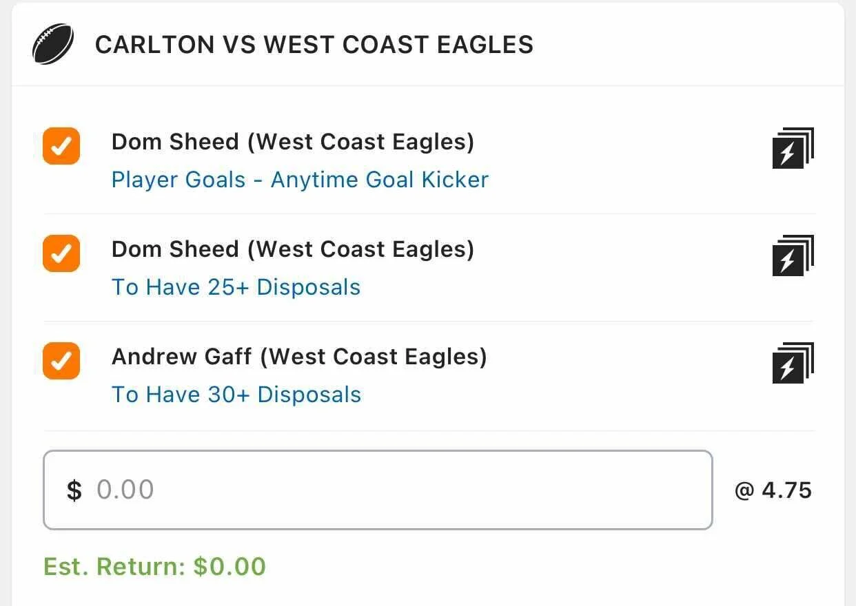 West Coast SGM, Stake 1.5 Units, Min Odds $4.20, Best Book Lads/Neds.