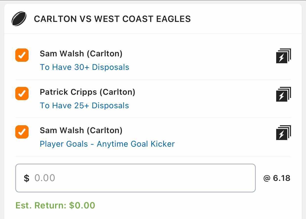 Carlton SGM, Stake 1 Unit, Min Odds $5.50, Best Book Lads/Neds.