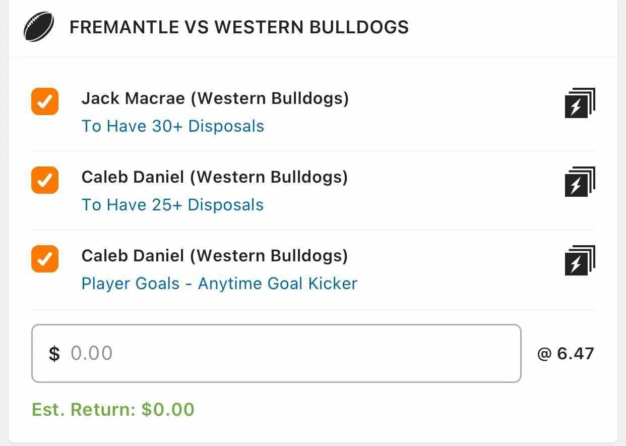 Dogs SGM, Stake 1 Unit, Min Odds $6, Best Book Lads/Neds.