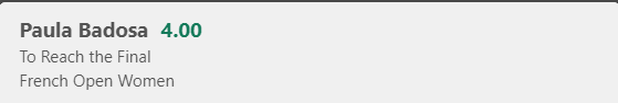 Badosa to reach the final - Stake 1.5 Units, Minimum Odds 3.5, Best Book - BET365