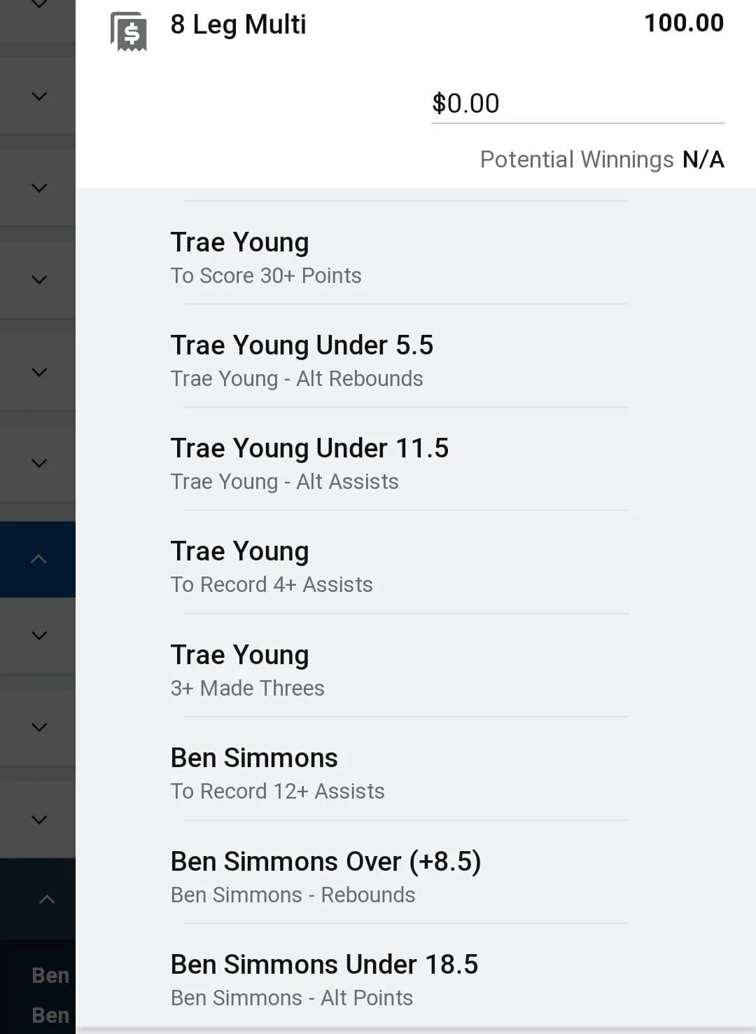 Trae Young x Ben Simmons 0.5 units. Take odds over $50