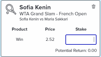 Kenin Win - Stake 2 Units, Minimum Odds 2.3, Best Book - Topsport