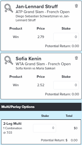 Mixed Tennis Multi - Stake 1 Unit, Minimum Odds 6.2, Best Book - Topsport