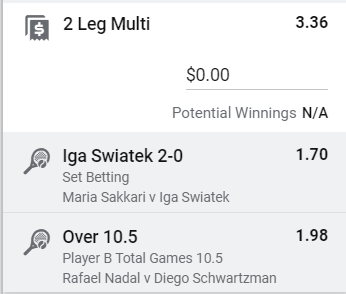 Mixed Tennis Multi - Stake 2 Units, Minimum Odds 2.9, Best Book - SportsbetNB - Player B is Diego Schwartzman
