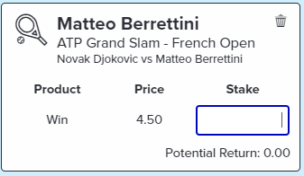 Berrettini Win - Stake 1.5 Units, Minimum Odds 4.0, Best Book - Topsport