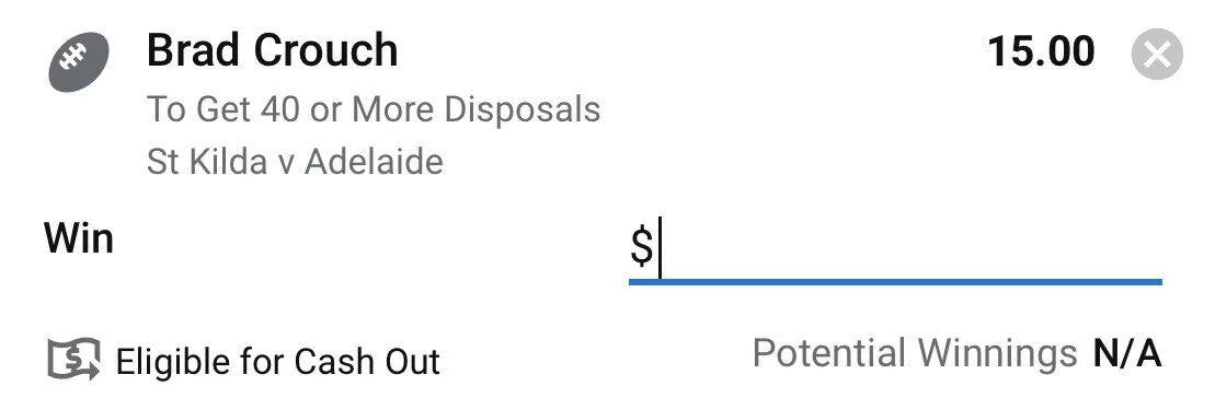 Crouch 40+ Disposals - Stake 0.5 Units, Minimum Odds 12, Best Book Sportsbet